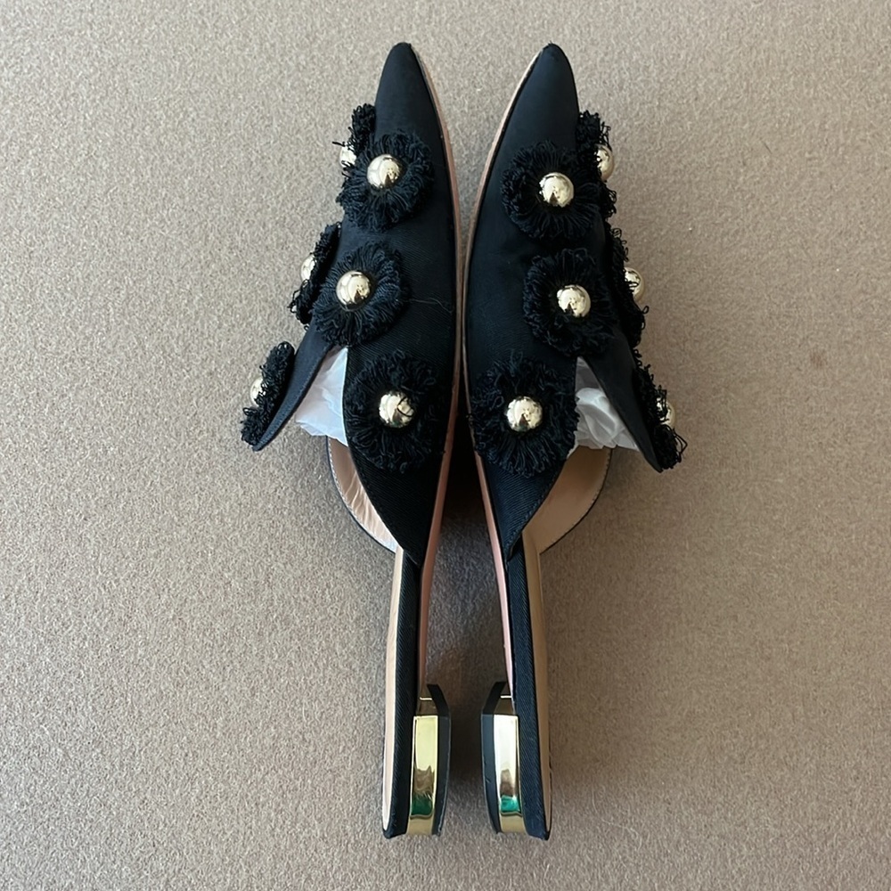 AQUAZZURA Sunflower Embellished Faille Slipper Shoes In Black -Size 37 IT / 7 US - Picture 5 of 9
